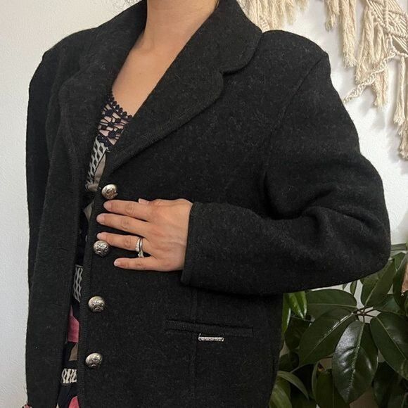 vtg wool geiger Austria sweater cardigan dark grey gray jacket 38 silver buttons - Picture 5 of 10